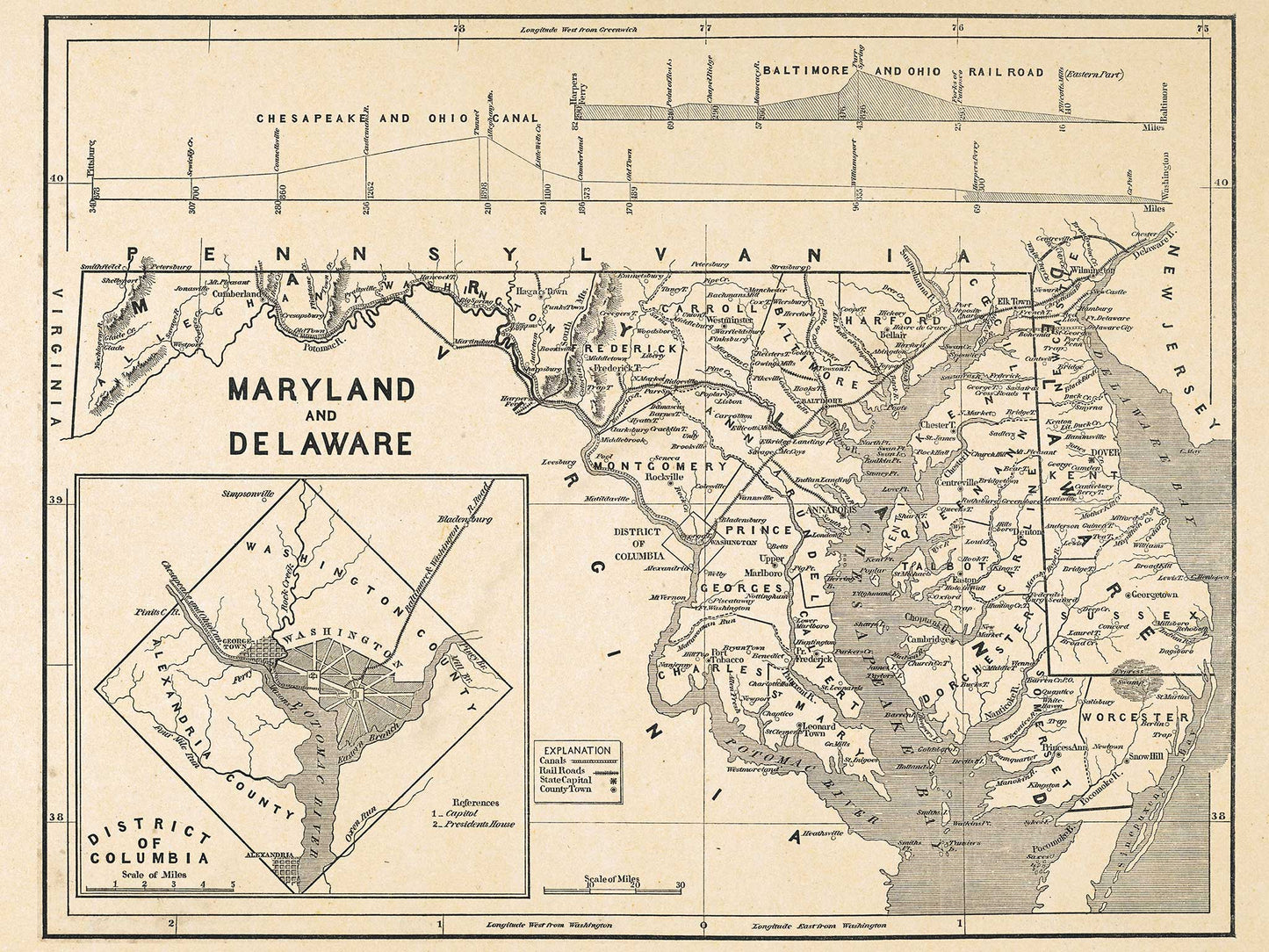 Map of Maryland, Delaware and Washington DC - 1842