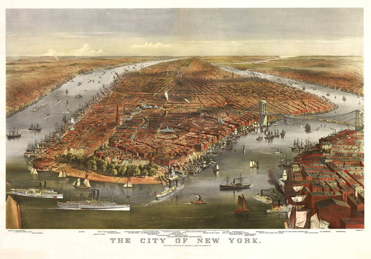 Perspective Map of New York City in Color - 1870