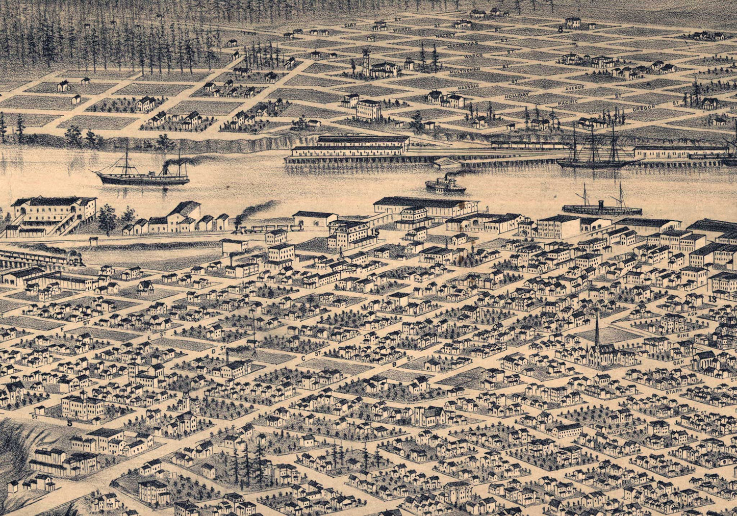 Bird's Eye View of Portland, Oregon - 1879 Fine Art Print